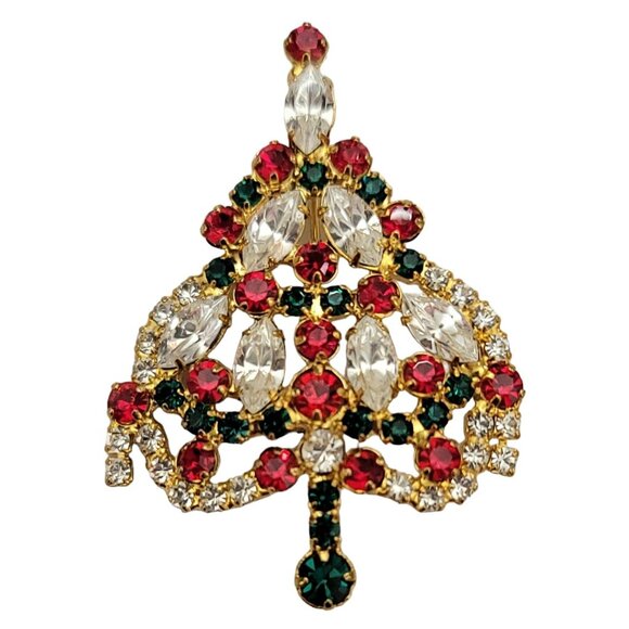 Gold Tone Red Green Clear Prong Set Rhinestone Christmas Tree Brooch Pin K582 - Picture 7 of 7